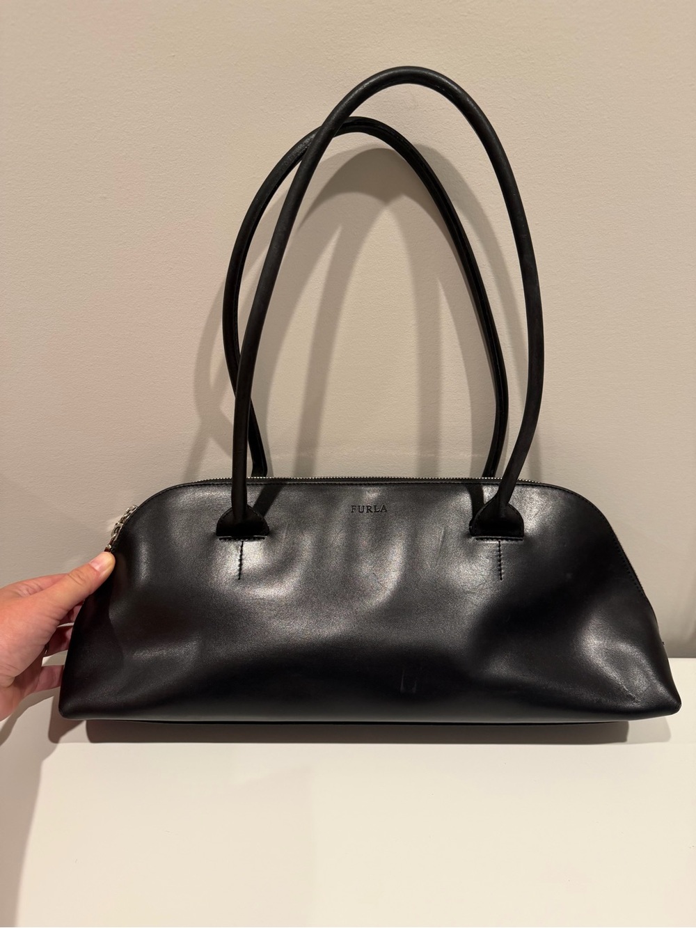 Furla Black Leather Double-Handle Shoulder Bag 1990s East-West